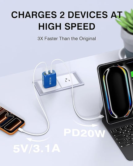 (2-Pack) 60W USB C Wall Charger Block, 5-Port C Charger Fast Charging Block PD Power Adapter +QC 3.0 Multiport Type C Box Brick Cube USB A Wall Plug for iPhone 15/16/17 Pro Max,Samsung (Dark Blue)