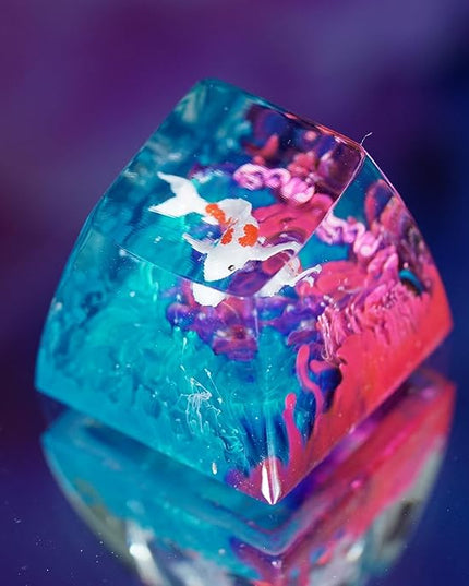 Kohaku Koi Artisan Keycap Blue and Pink Ocean Coral R1 SA Profile Custom Keycaps 1U ESC Handmade Gaming Resin Key Cap Cherry MX Switch Compatible Mechanical Keyboard Koi Lover Gift