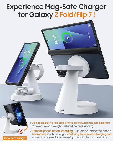 Magnetic Wireless Charger for Samsung, 3 in 1 Charging Station Compatible with MagSafe Charger for Samsung Galaxy S25 Ultra Z Fold7/Flip7, Watch Charger Stand for Galaxy Watch Ultra 8, for buds, White