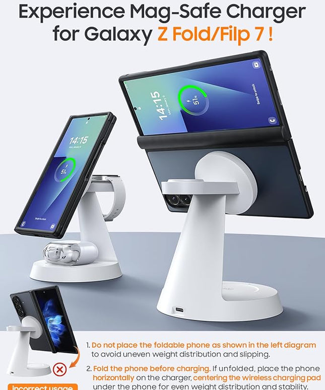 Magnetic Wireless Charger for Samsung, 3 in 1 Charging Station Compatible with MagSafe Charger for Samsung Galaxy S25 Ultra Z Fold7/Flip7, Watch Charger Stand for Galaxy Watch Ultra 8, for buds, White