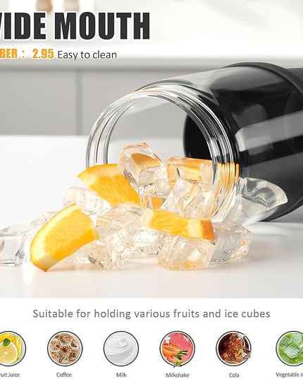 Glass Tumbler with Carry Handle, Clear Glass Water Bottle with Leakproof Lid, Spout Lid&Straw, BPA-Free, 32 oz, Black