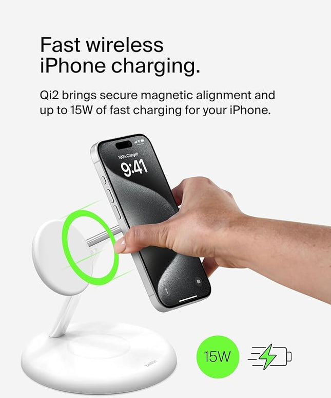 Belkin MagSafe-Compatible 3-in-1 Wireless Charger Stand 15W - Qi2-Certified Wireless Charging Station, Fast Charging of iPhone 16, AirPods, & Apple Watch - 36W Included - White
