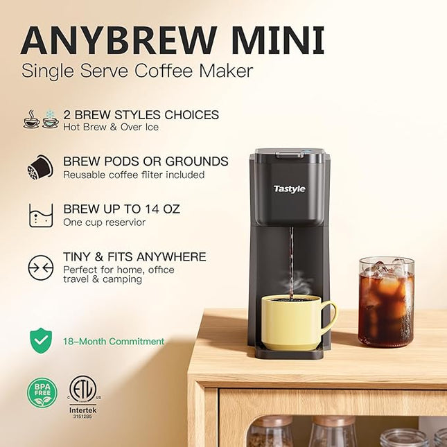 Mini Hot and Iced Coffee Maker Single Serve, for K Cup and Ground, 6 to 14 Oz Brew Sizes, with Recipe Book, for Home, Travel, RV, Office and Dorm, Classic Black (2.0 Version)