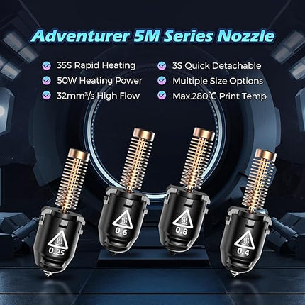 FLASHFORGE Adventurer 5M Pro Nozzle, 0.6mm Hardened, 280℃ High Flow 32mm³/s for Stable High-Speed Printing, Compatible with Adventurer 5M Hotend, Perfect for High-Strength Filaments
