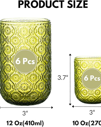 Green Drinking Glasses Set of 12, 12 Oz Highball & 10 Oz Cocktail Glasses, Green Kitchen Vintage Glassware Set, Floral Embossed Glass Tumbler Cups for Water, Beer, Juice, Whiskey, Coffee