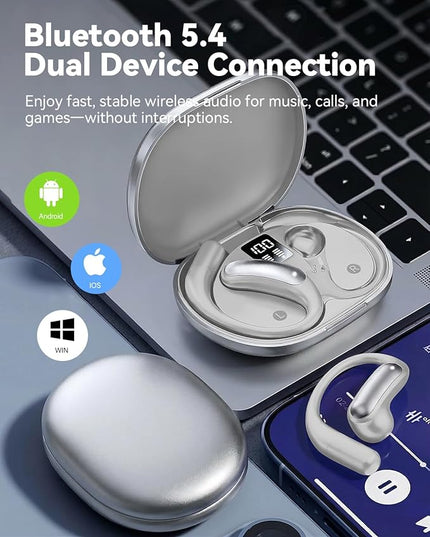 Wentronic Open Ear Headphones, Wireless Earbuds Bluetooth 5.4 with Digital Display, Secure Earhook, 48H Playtime, Enhanced Sound, Clear Calls, IP55 Waterproof Ultra-Light Sports Headphones - Silver
