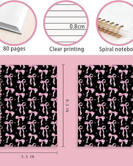 LIANGW Coquette Pink and Black Bow Notebook Journal for Teen Girls & Women, Preppy Cute Journal Gifts for Women, Pink Girly Gifts, Black Office Supplies, Hardcover Spiral Notebook, 5.5x8.3 Inch