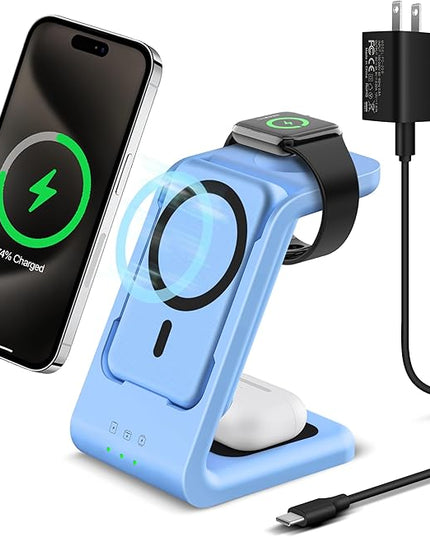 3 in 1 Wireless Charging Station: 5000mAh Removable Power Bank Charger Stand for Phone/Watch/Air Pods - Portable Magnetic Battery Pack for Air 17 16 15 14 13 12 Series Blue