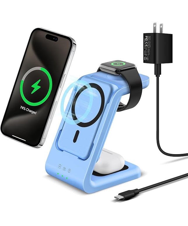 3 in 1 Wireless Charging Station: 5000mAh Removable Power Bank Charger Stand for Phone/Watch/Air Pods - Portable Magnetic Battery Pack for Air 17 16 15 14 13 12 Series Blue