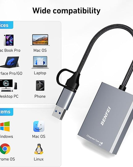 BENFEI CFexpress Type A Card Reader with USB 3.2 (Gen 2) 10Gbps, USB-C&USB-A 2-in-1 Type A CFexpress Adapter, Compatible with Windows/Mac/Linux/Android