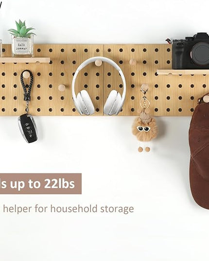 Beige Wood Pegboard Modular Display Wooden Pegboard Combination Wall Organizer Storage Wall Hooks Shelf for Home, Office, Bathroom, Comes with 2 Pieces Pegboards