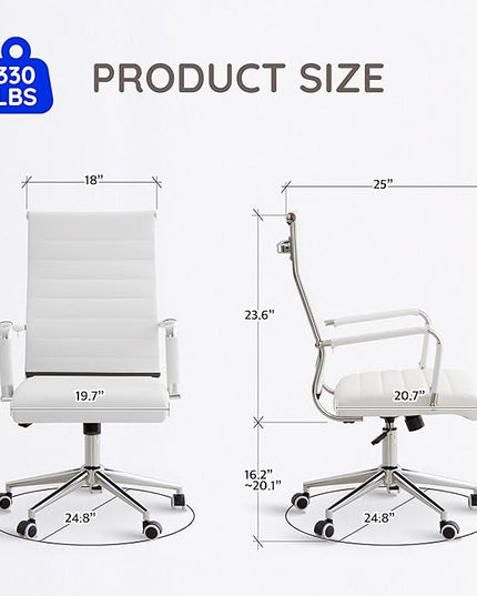 Livinia Modern Executive Office Desk Chair, Chrome & Leather Conference Room Swivel Chairs with Ribbed High Back, Adjustable Height, Removable Armrest, and Wheels for Home Office (White(Chrome))