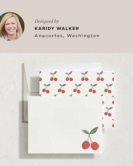 Minted Twin Cherries Stationery Set, Set of 10, Flat Note Cards & Envelopes for Invitiations and Handwritten Thank You Messages, Red Cherry Fruit Illustration, Gifts for Men and Women, Luxurious Paper