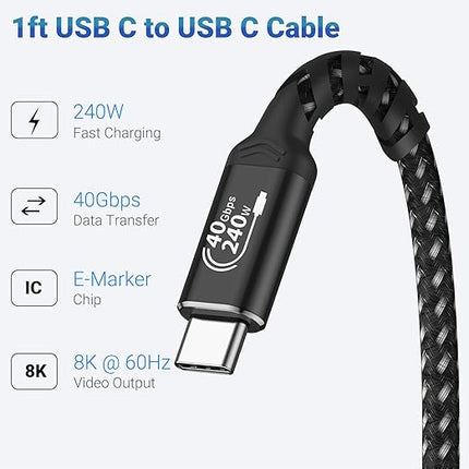 USB 4.0 Cable(1FT, 2packs) Compatible for Thunderbolt 4/3 Cable 40Gbps High Speed Data Transfer 240W, 40Gbps, 8K HD Display Compatible with iPhone 16/15 Pro Max, MacBook, XPS, Surface
