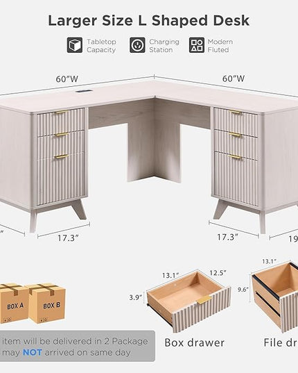 T4TREAM 60" Fluted Executive L Shaped Desk, Modern Home Office Desk with Charging Station and File Drawer, Computer Corner Desks with Drawers & Storage Cabinet for Office Home, Bedroom, Alder White
