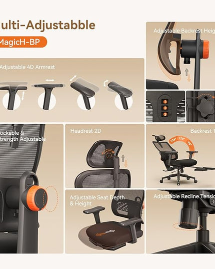 Newtral Office Chair Ergonomic with Footrest, Auto-Following Lumbar Support, High Back Desk Chair with 4D Armrest,136° Tilt Lock, Adjustable Seat Depth & Height (Upgrade with Laptop Tray, Black)