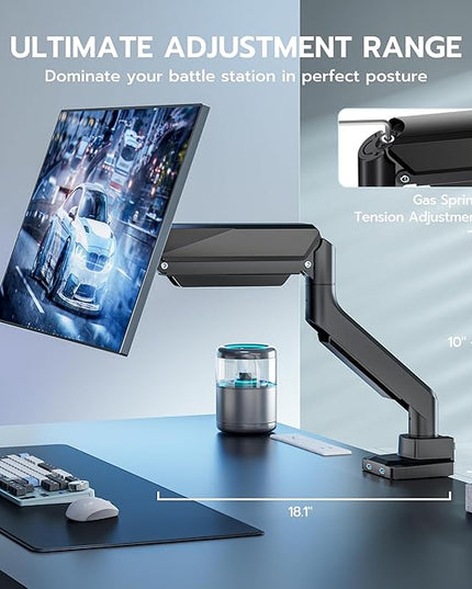 ARES WING Single Monitor Arm, Heavy Duty Adjustable Monitor Arm for 13"-49" Screens with USB, Gas Spring Desk Mount Stand with C Clamp/Grommet Mounting Base up to 40lbs Computer, Black