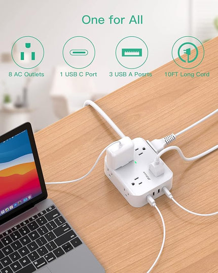 Surge Protector Power Strip 10ft Cord - Flat Plug, Wall Mount, 8 Wide Outlets with 4 USB Ports (1 USB C), Heavy Duty Extension Cord, Charging Station Overload Protection for Home, Office and Dorm