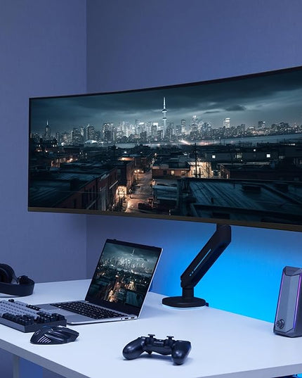 AVLT Single 27”-45” RGB Gaming Monitor Arm Desk Mount Built-in 20 Lighting Modes Touch Button Control Fits Flat/Curved/Ultrawide Screen Height Swivel Tilt Rotation Adjustable Stand -Black