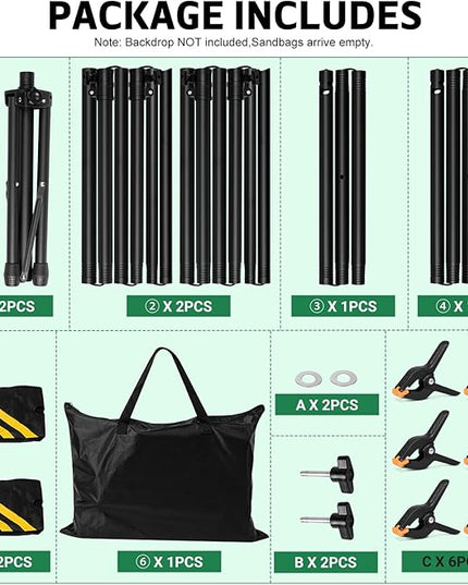 3-in-1 Backdrop Stand Kit 10x8.5 ft for Photography Studio, T-Shape Backdrop Stand for Wedding Parties, Background Stand for Photo Video Studio with Carring Bag, 6 Clamps, 2 Sandbags