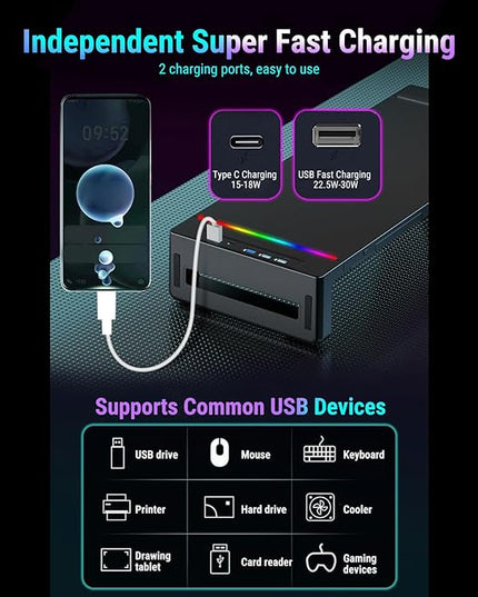 Yunseity Monitor Stand with 4 USB Ports, Height Adjustable Monitor Riser with Phone Charger, USB Ports Hub and Drawer Storage, RGB Lighting Desktop Organizer for Laptop TV Speaker