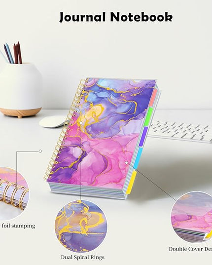 5 Subject Notebook College Ruled, A5 Spiral Notebook with Removable Pocket Dividers Tabs, Lined Organizer Notebook Journal for Women, 240 Pages Notebooks for Work School Note Taking, Pink Marble
