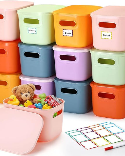 Thyle 12 Pack 7 Quarts Plastic Storage Bins for Christmas Storage with Lids Handles Colorful Stackable Desktop Box Bins with Label for Shelf Drawer,10 x 7 x 6 Inch (Macaron Color)
