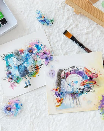 Dwpetzo 120Pcs Watercolor Decorative Stickers for Journaling, 6 Pack Flower Lace Frame Transparent PET Stickers for Scrapbooking, Junk Journal Supplies, Collage, Card Making, Crafts Arts