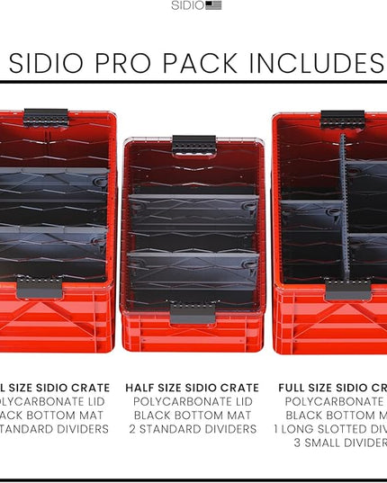 SIDIO CRATE Pro Pack - Two Full Size and One Half Size SidioCrate, Stackable Outdoor Organizer Storage Bins with Clear Lid and Dividers