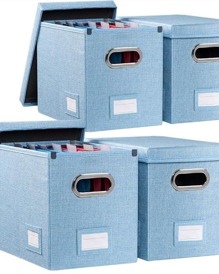 PRANDOM File Organizer Box - Set of 4 Collapsible Decorative Linen Filing Storage Hanging File Folders with Lids Office Cabinet Letter Size Blue (14x9.3x10.8 inch)