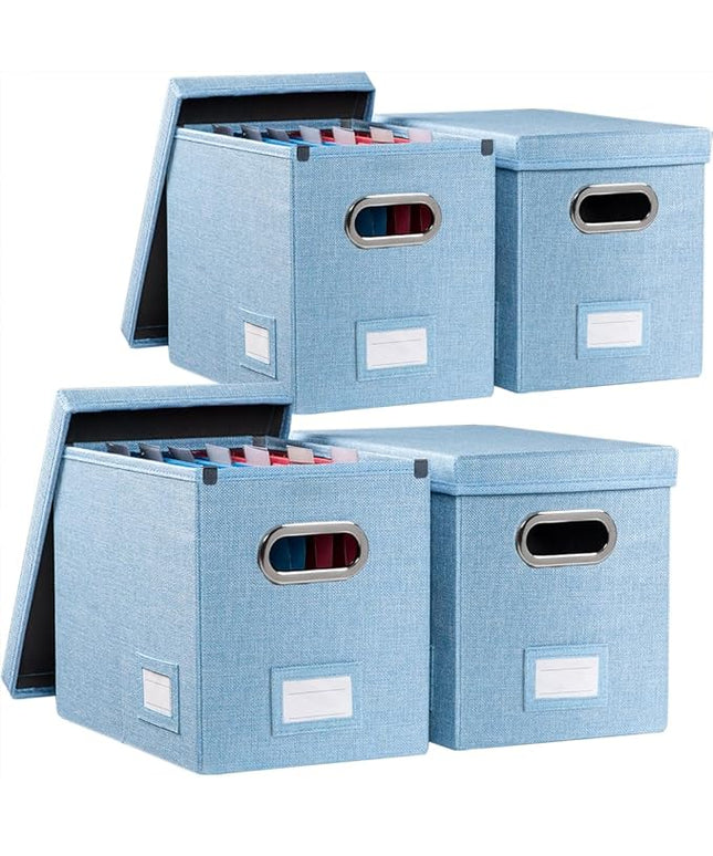 PRANDOM File Organizer Box - Set of 4 Collapsible Decorative Linen Filing Storage Hanging File Folders with Lids Office Cabinet Letter Size Blue (14x9.3x10.8 inch)