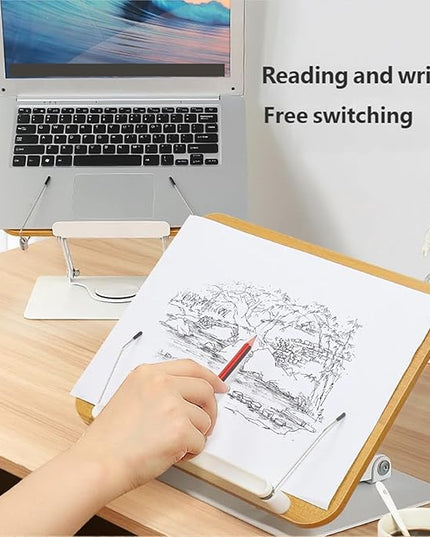 Book Stand for Reading, Wood Reading Rack with 360 Degree Rotating Base Page Clip Adjustable Height Book Holder Foldable Laptop Holder for Reader Office Kitchen School Tablet