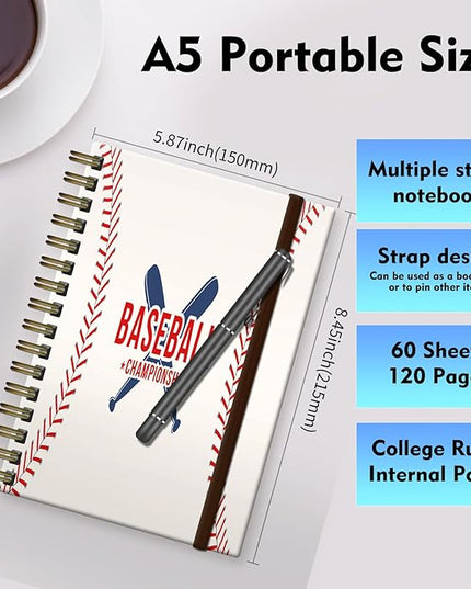 Spiral Journal Notebook, A5 Cute Notebooks for Women Men, College Ruled Hardcover Notebook for Work & Note Taking, 60 Pages Double-Wire Journals for Writing (Baseball)