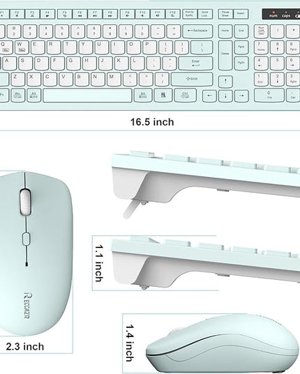 Silent Keyboard and Mouse Combo Wireless,ful-Sized Wireless Keyboard and Adjustable DPI Mouse, 2.4GHz USB Receiver, Keyboard and Mouse for PC, Windows, MAC, Desktop, Laptop (Mint Green-B)