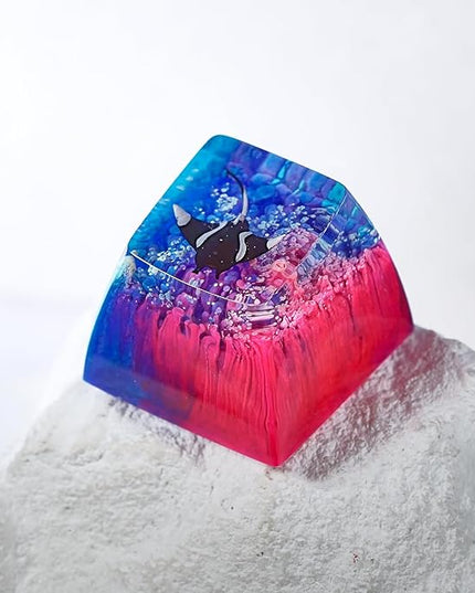 Manta Ray Artisan Keycap Blue Pink Ocean Coral R1 SA Profile Custom Sea Creatures Keycaps 1U ESC Handmade Gaming Resin Key Cap Cherry MX Switch Compatible Mechanical Keyboard Manta Ray Lover Gift