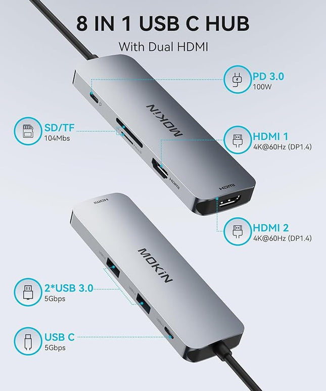 MOKiN USB C Docking Station Dual Monitor, USB C to Dual HDMI Adapter, 8 in 1 Laptop Docking Station with 2 HDMI(4K @60Hz), PD Charging, USB A&C 3.0 Ports, SD/TF for Dell/HP/Lenovo/Surface/Yoga etc