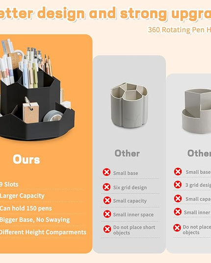 Pencil Pen Holder for Desk,9 Slots 360 Degree Rotating Desk Organizers,Desktop Storage Stationery Supplies Organizer, Cute Pencil Cup Pot For Office, School, Home(Black)