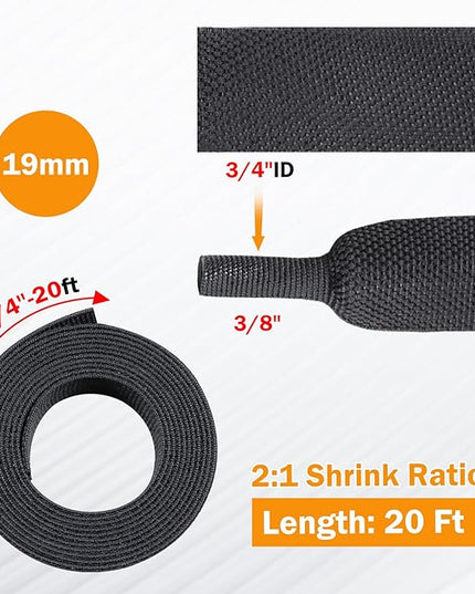 FOURUB 2:1 Ratio Flat Heat Shrinkable Braided Sleeving,Electrical Insulating Tubing,Durable Automotive Fabric Harness Shrinking Sheath (3/4"-20ft)