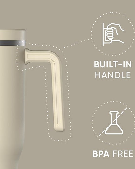 Hydrapeak Voyager 40 Oz Stainless Steel Tumbler with Handle, Insulated Water Bottle With Straw & Lid, Cupholder Friendly Reusable Travel Mug (Modern Cream)