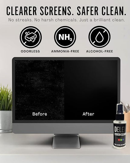 Delete Screen Cleaner Spray Kit, 4 Pack, 2oz Bottle and 12"x12" Microfiber Cleaning Cloth, Streak-Free, Safe and Gentle Formula, Multi-Purpose for Travel, Small TVs, Cameras, Laptops, Phones