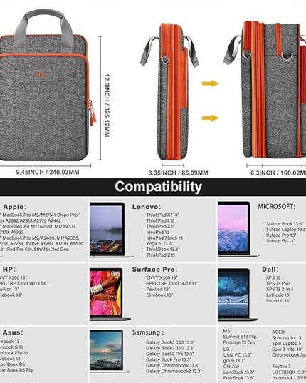 ZINZ Slim & Expandable Case 12.9 13 inch Travel Laptop Shoulder Bag for MacBook Air 13" M4/M3/M2/M1, MacBook Pro 13" M2/M1, iPad Pro 12.9"/13"/11", iPad Air 13",L01G05