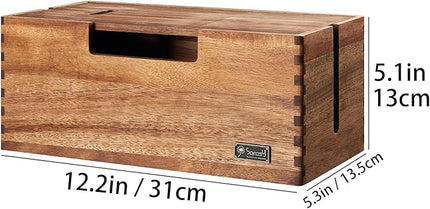 Cable Management Box, Acacia Wood Cord Hider Organizer for Power Strips, TV, Desk & Floor Wires, Under Desk Cable Storage Box for Office & Home