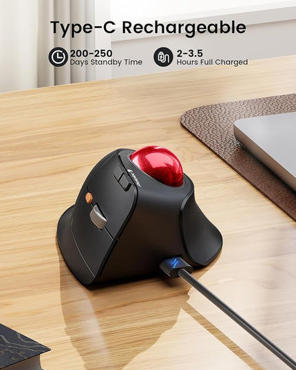 ProtoArc Vertical Wireless Trackball Mouse, EM05 NL Bluetooth Ergonomic Rollerball Mouse Rechargeable Computer Laptop Thumb Mice, 3 Device Connection, Compatible with iPad, Mac, Windows, PC-Red