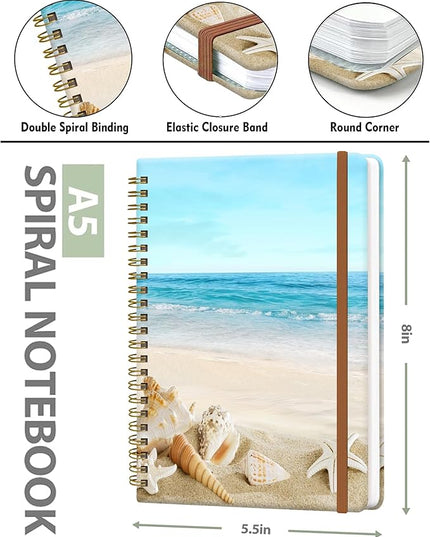 Spiral Journal Notebook for Women, Hardcover A5 College Ruled Notebook, 60 Sheet, Thick Paper, Cute Lined Journal for School, Office & Work, 6 x 8.4 in(Beach)