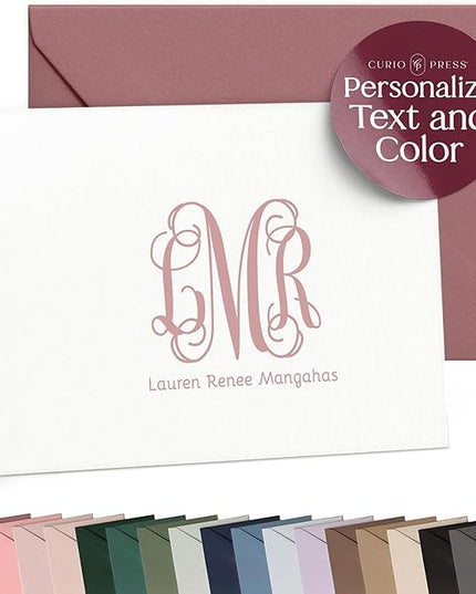 Curio Press Personalized Stationery for Women & Men-Folded Thank You Cards with Custom Notecards, Personalized Note Cards with Envelopes, Name & Initials Monogrammed, Custom Stationery -Vine Mono Fold