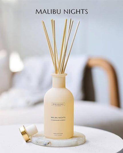 Benevolence LA Reed Diffuser - Champagne & Peony | Luxurious Home & Bathroom Decor | Long-Lasting Scent Diffusers for Home - Malibu Sands Collection