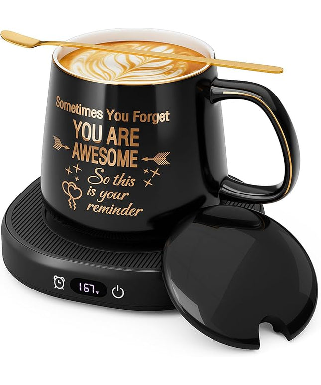 Coffee Mug Warmer & You are Awesome Mug Set, Electric Cup Warmer for Desk, Beverage Warmer with 4 Temperature Setting, 8-Hours Auto Shut Off