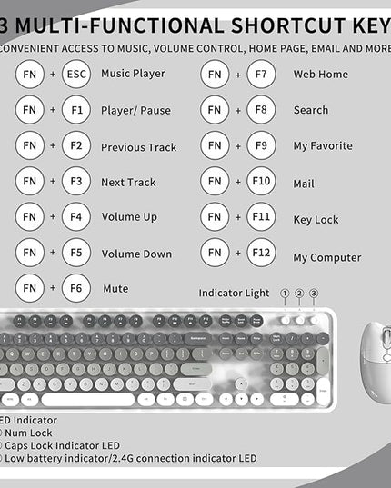Creamy Wireless Keyboard and Mouse, MOFII 104 Round Keycaps Retro Typewriter with OTG & Brush, Full-Size Ergonomic, Ideal for Windows PC, Home, Office and College Gray White