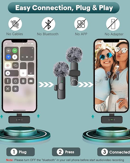 MAYBESTA Wireless Mini Microphone for iPhone, Android Phone - Bluetooth Lavalier Lapel Mic for Audio Video Recording - Clip on Content Creator Microphones for YouTube Tiktok Podcast Vlogging