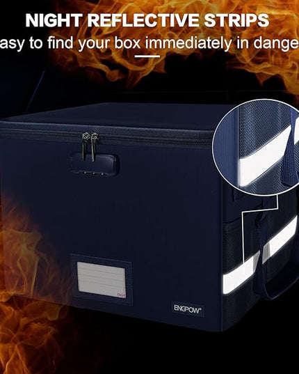 ENGPOW File Box with Lock, Fireproof Document Box with Zipper＆Pockets, Collapsible File Organizer Filing Storage Cabinet with Handle, Portable Home Office Safe for Hanging Letter/Legal Folder, Blue